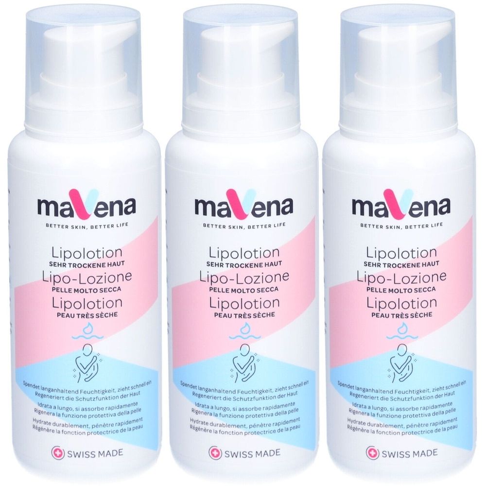 Drei weiße Flaschen mit Pumpverschluss. Auf jeder Flasche steht "mavena Lipolotion" in mehreren Sprachen. "Swiss Made" Logo.