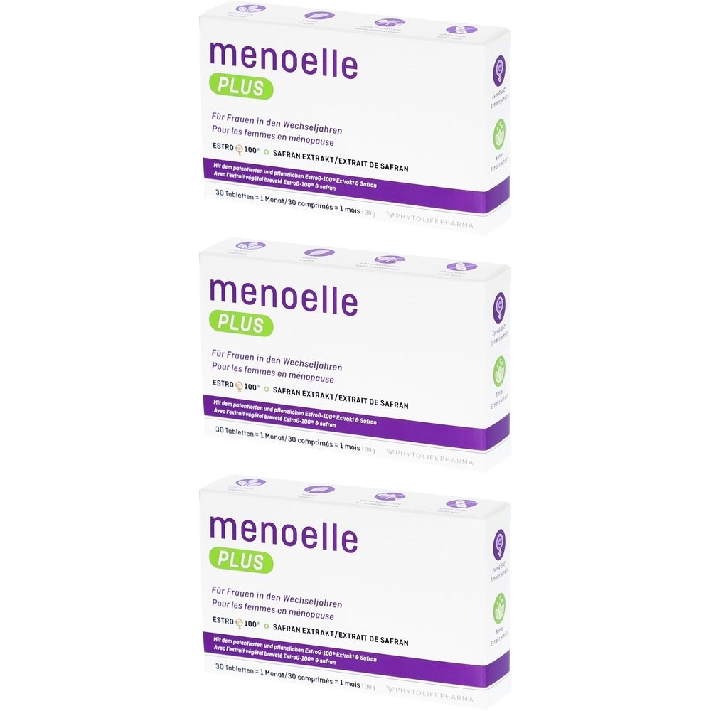 Drei Schachteln Menoelle Plus. Weiße Verpackung mit lila und grünen Akzenten. Text: Menoelle Plus, Safran Extrakt.