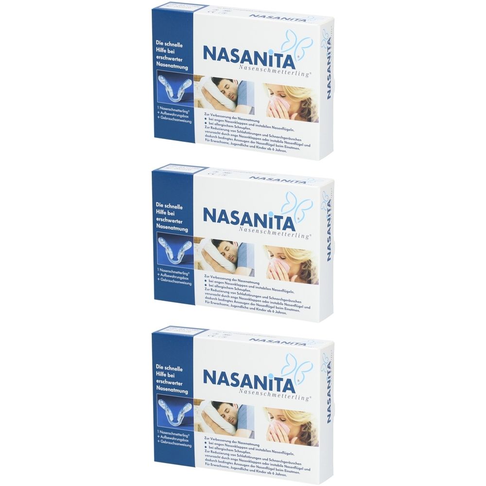 Drei Schachteln NASANITA Nasenpflaster. Blaue und weiße Verpackung mit Produktname und Abbildungen.