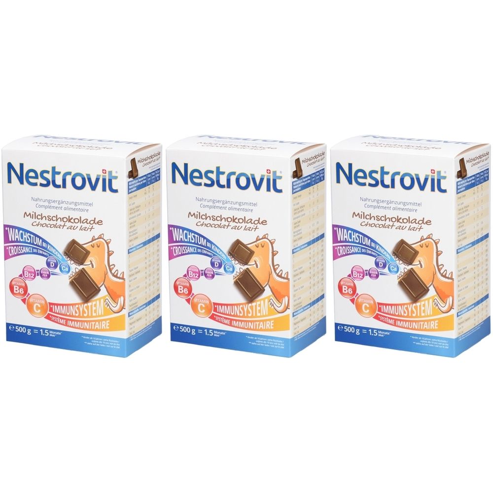 Drei Kartons NESTROVIT® Milchschokolade. Aufdrucke: Wachstum, Immunsystem, 500g. Abbildung eines Dinosauriers mit Schokoladenstückchen.
