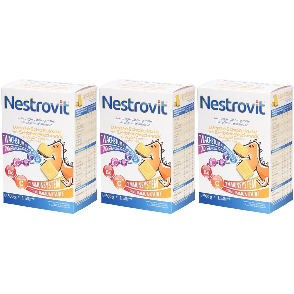 Drei Kartons NESTROVIT®. Aufdruck: Wachstum, Immunsystem, weiße Schokolade. Abbildung eines Dinosauriers. Blaue, gelbe, orangefarbene Elemente.