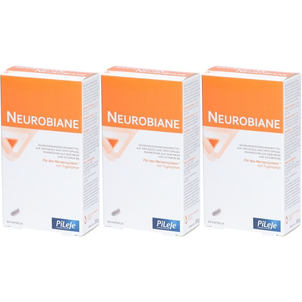 Trois boîtes "Neurobiane". Couvercle orange, corps blanc. Marque Pileje.