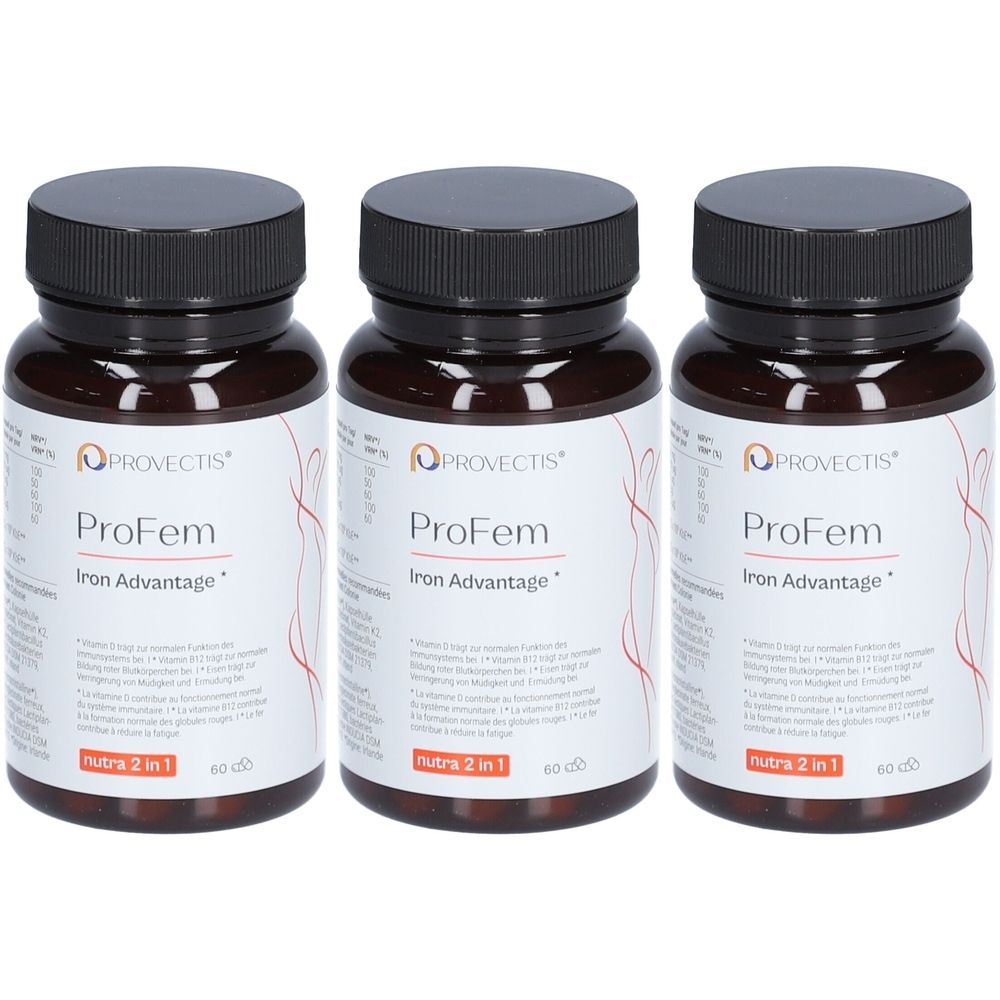 Drei braune Flaschen mit schwarzen Deckeln. Auf den Etiketten steht "PROVECTIS ProFem Iron Advantage".