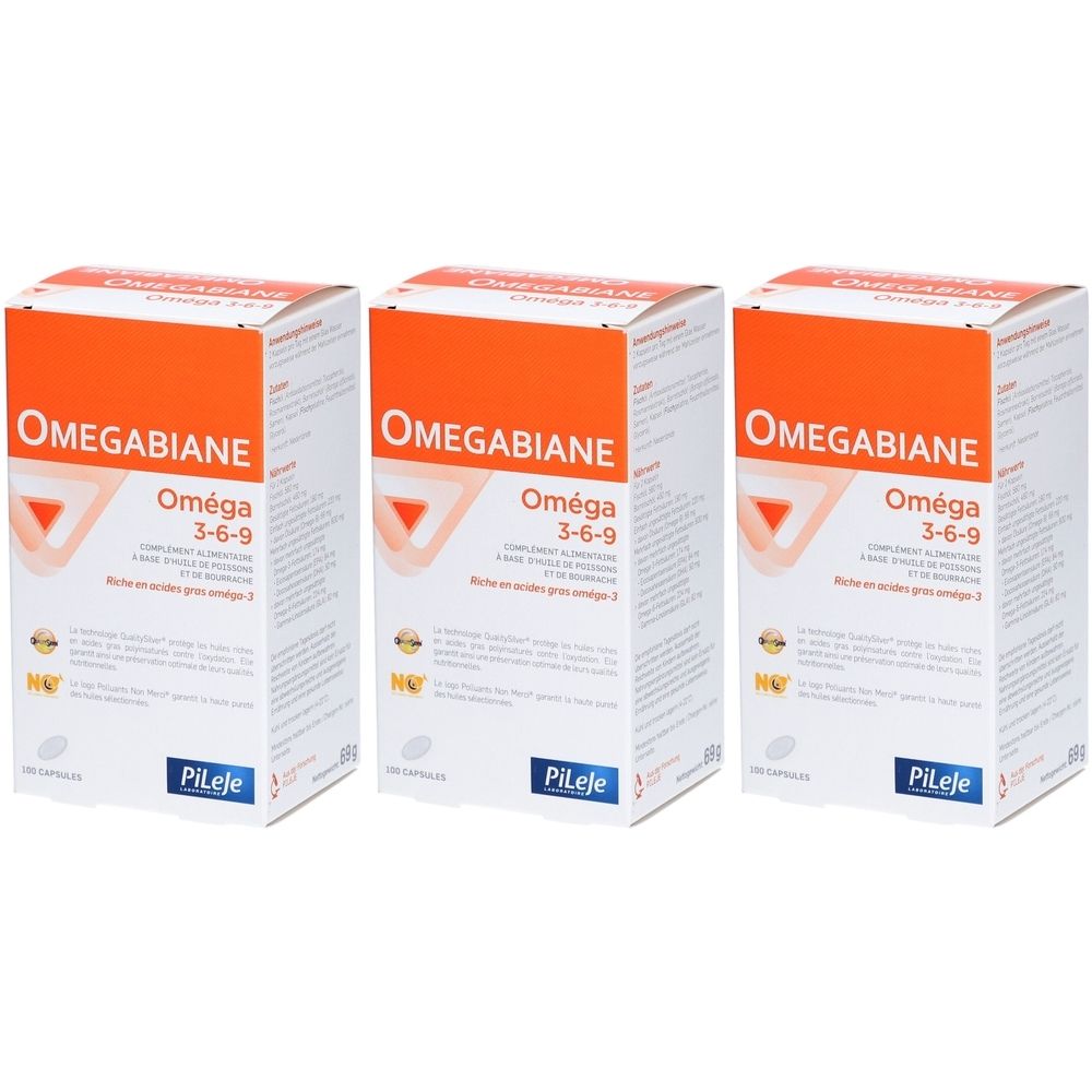 Trois boîtes Omegabiane Oméga 3-6-9. Boîtes blanches avec couvercle orange. Inscription Omegabiane, Oméga 3-6-9 et Pileje.