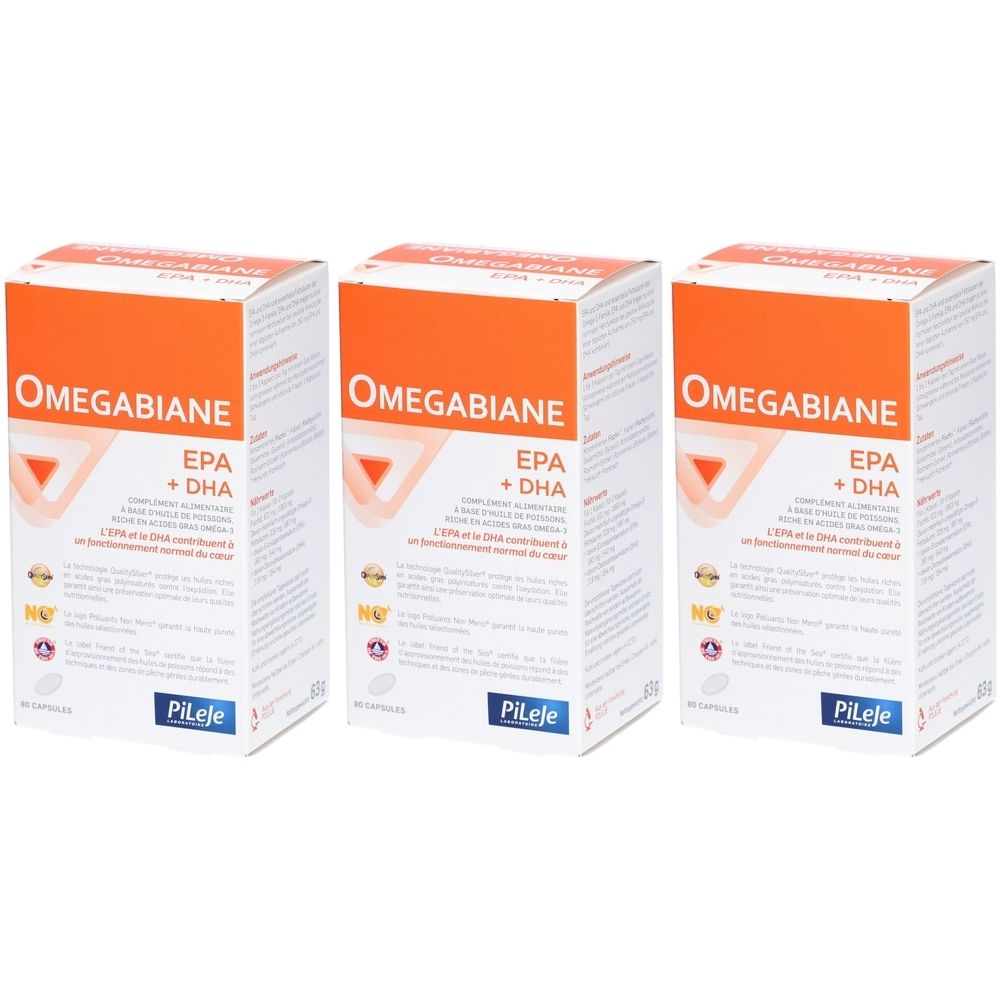 Drei Schachteln Omegabiane EPA + DHA. Orangefarbener Deckel, weißer Korpus. Aufschrift: EPA + DHA, Pileje.