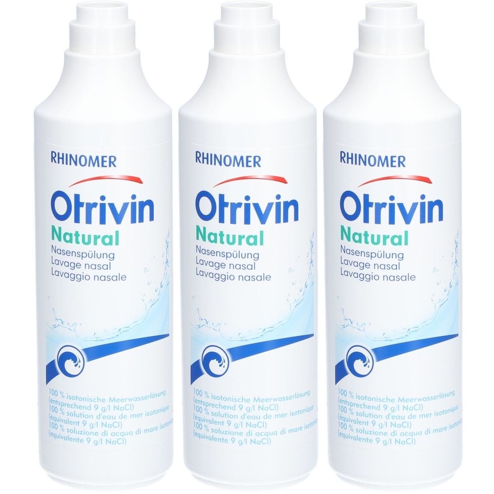 Drei weiße Flaschen mit blauer und grüner Beschriftung. Auf jeder Flasche steht "Otrivin Natural Nasenspülung".