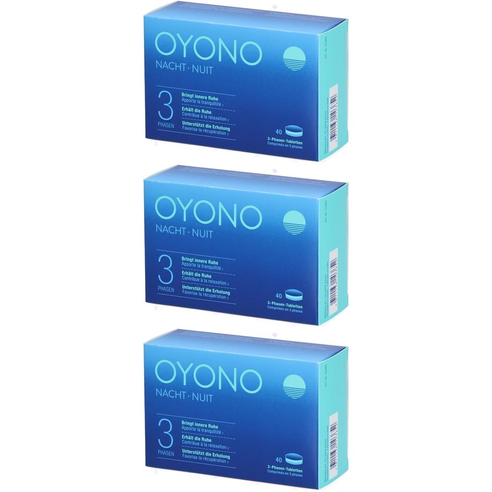 Drei Schachteln OYONO® Nacht 3 Phasen. Blaue Verpackung mit weißer Schrift. Enthält 40 Tabletten.