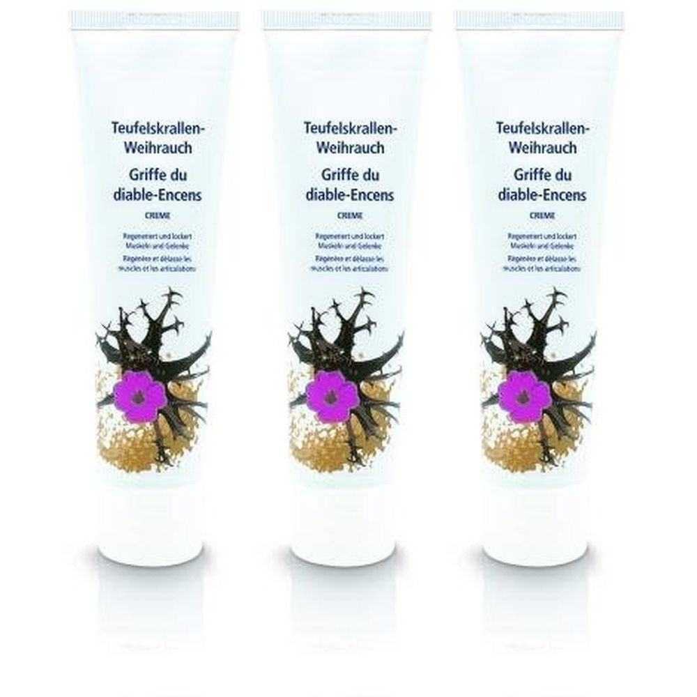 Drei Tuben Creme mit Aufschrift Teufelskrallen-Weihrauch, Griffe du diable-Encens. Abbildung einer Pflanze mit lila Blüte.