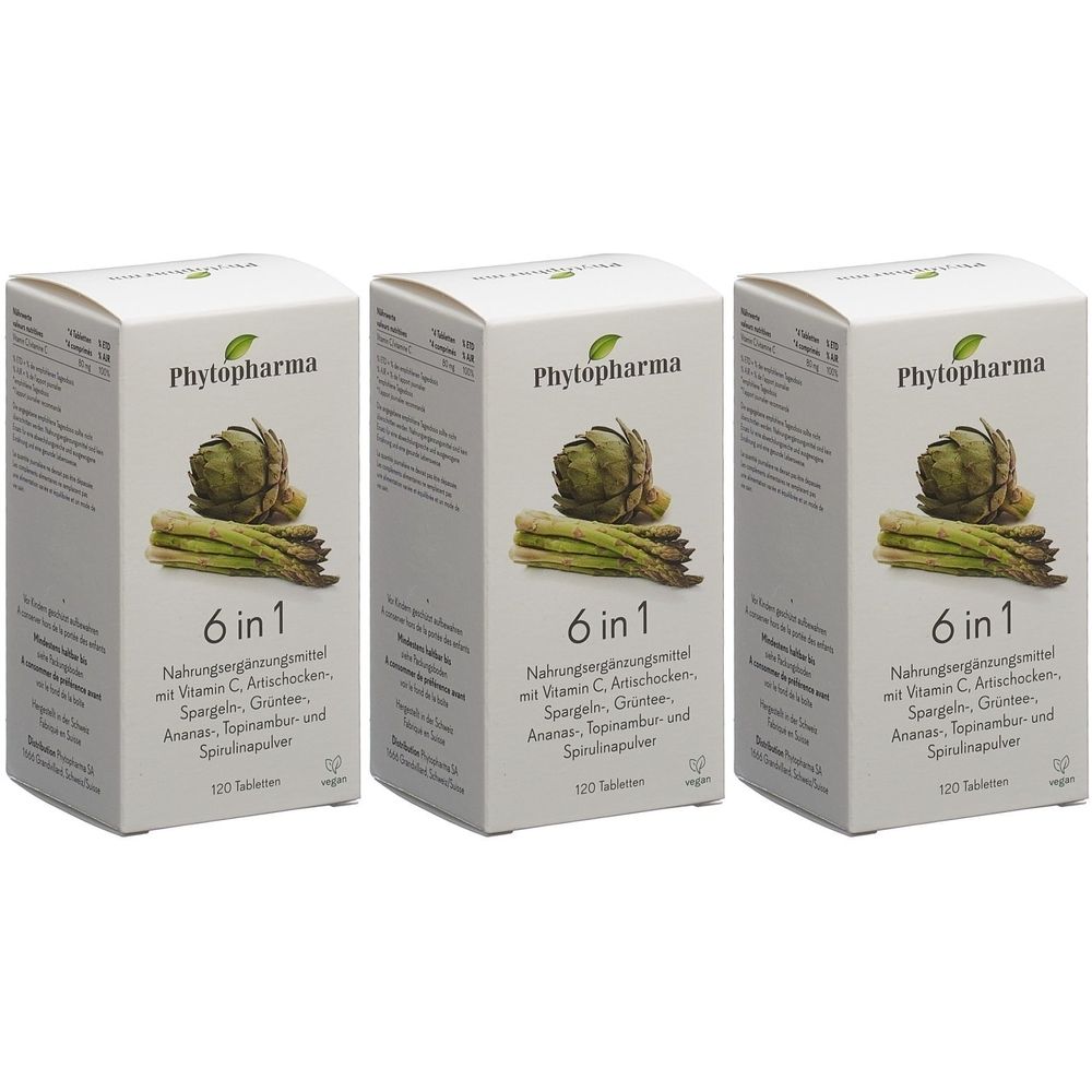 Drei weiße Schachteln mit "Phytopharma 6 in 1"-Aufdruck. Abbildung von Artischocke und Spargel. Text: Nahrungsergänzungsmittel mit Vitamin C, 120 Tabletten.