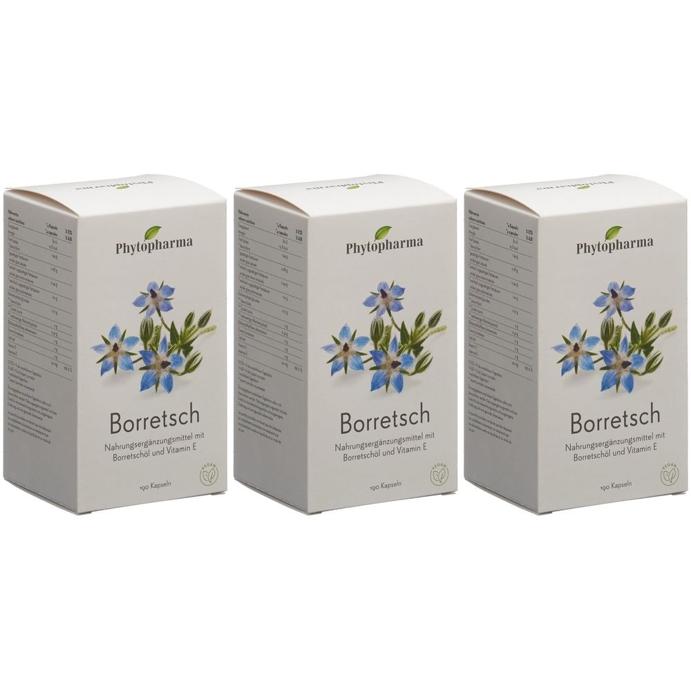 Drei Schachteln mit Borretsch-Nahrungsergänzungsmittel. Auf jeder Schachtel ist das Logo von Phytopharma und eine Abbildung von blauen Blüten zu sehen.