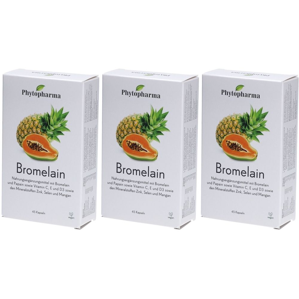 Drei Schachteln mit dem Produkt Bromelain. Auf jeder Schachtel sind eine Ananas und eine Papaya abgebildet. Der Markenname ist Phytopharma.