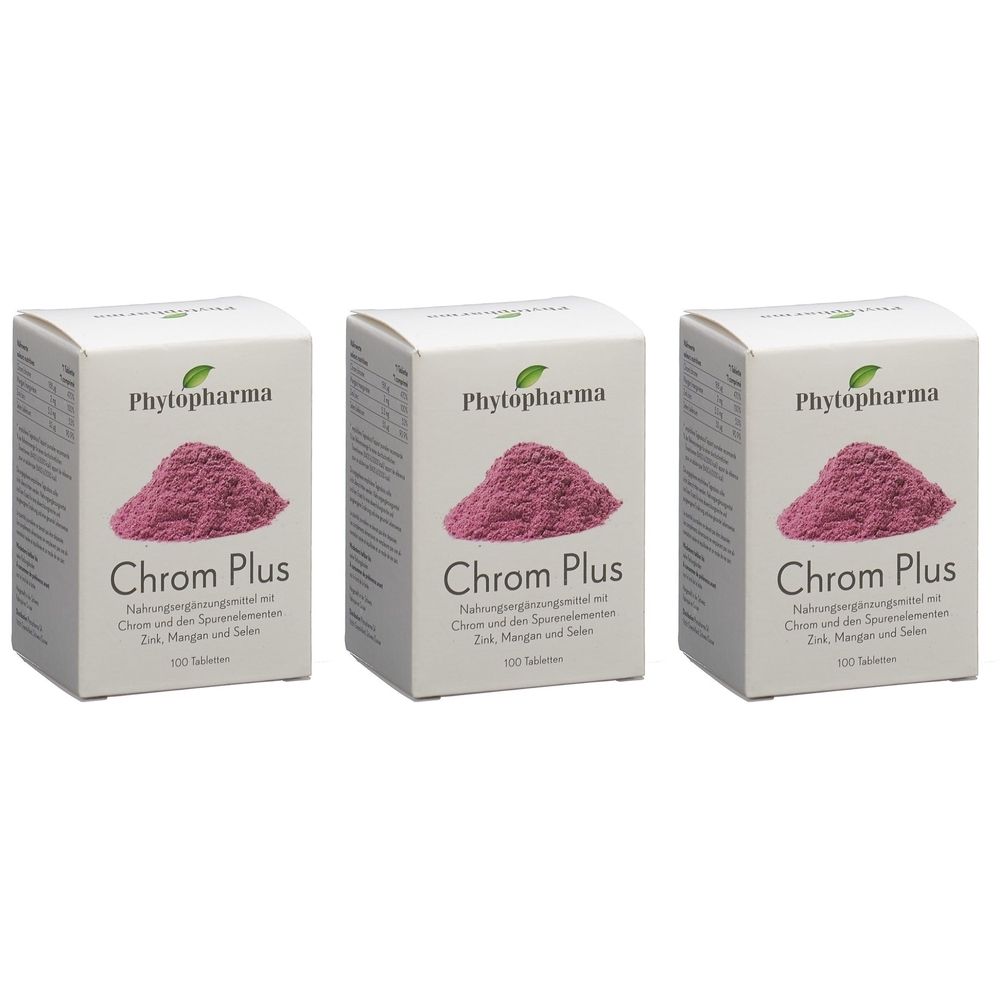 Trois boîtes blanches avec le nom du produit Chrom Plus. Impression : Phytopharma, poudre rose, 100 comprimés.