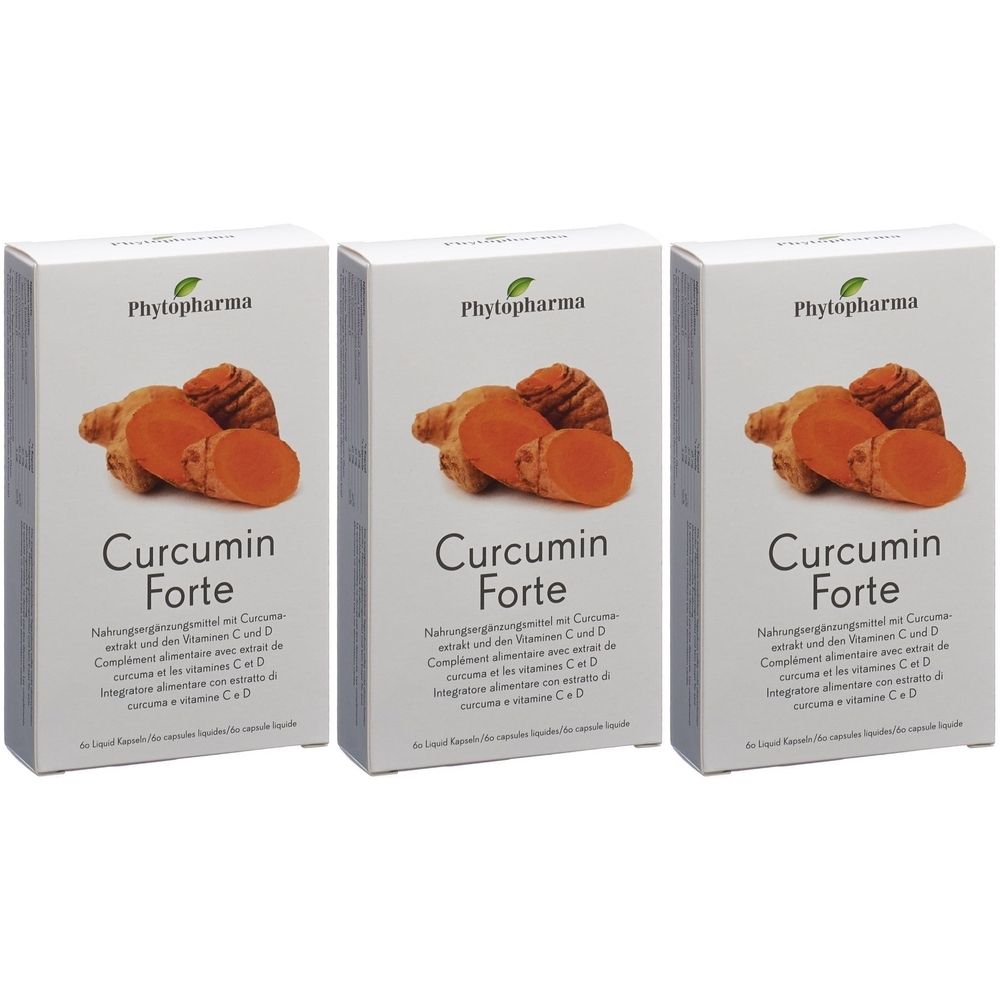 Trois boîtes de "Curcumin Forte". Chaque boîte présente une image de racines de curcuma. Texte en allemand, français et italien.