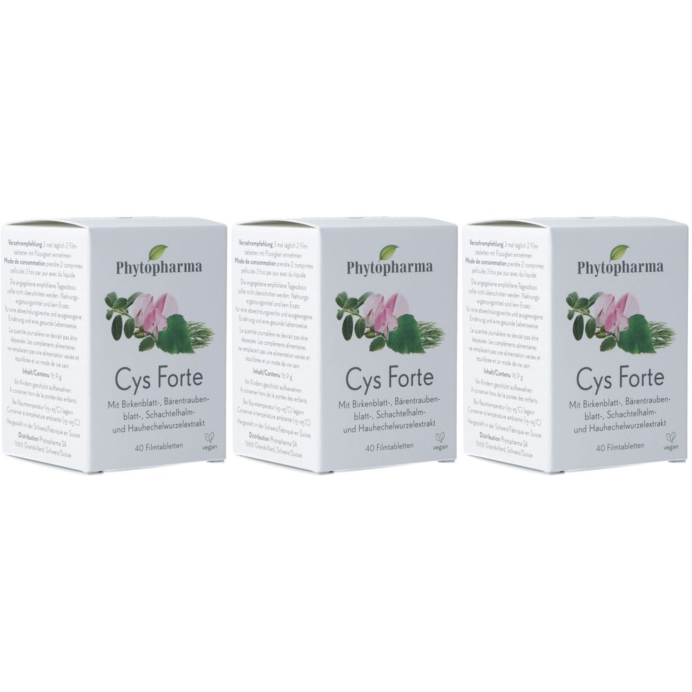 Drei weiße Schachteln mit der Aufschrift "Phytopharma Cys Forte". Jede Schachtel zeigt ein Pflanzenmotiv und Text in deutscher Sprache.