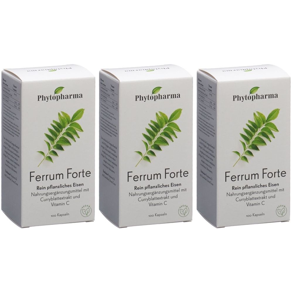 Drei weiße Schachteln mit dem Produktnamen Ferrum Forte und dem Logo von Phytopharma. Auf jeder Schachtel ist ein grünes Blatt abgebildet.