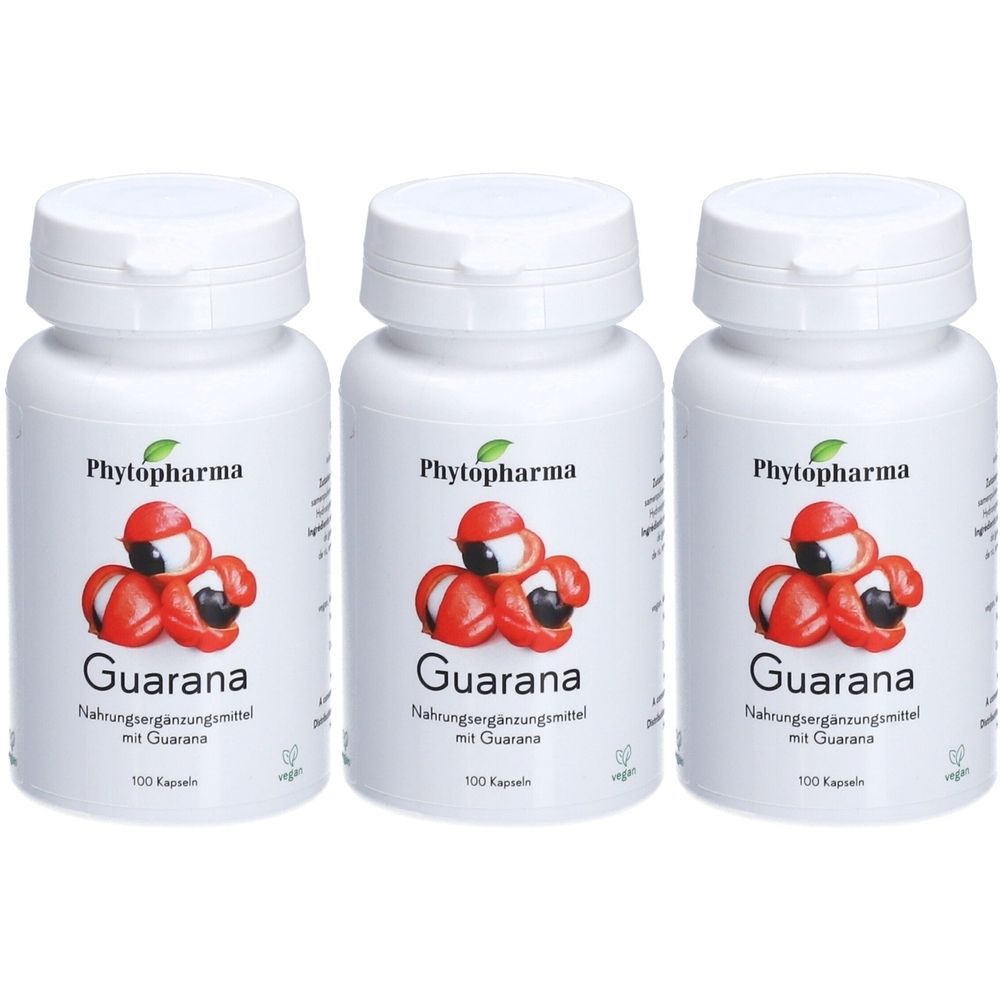 Drei weiße Flaschen mit Kapseln. Auf jeder Flasche steht "Phytopharma Guarana". Abbildung von Guarana-Früchten. Text: Nahrungsergänzungsmittel.