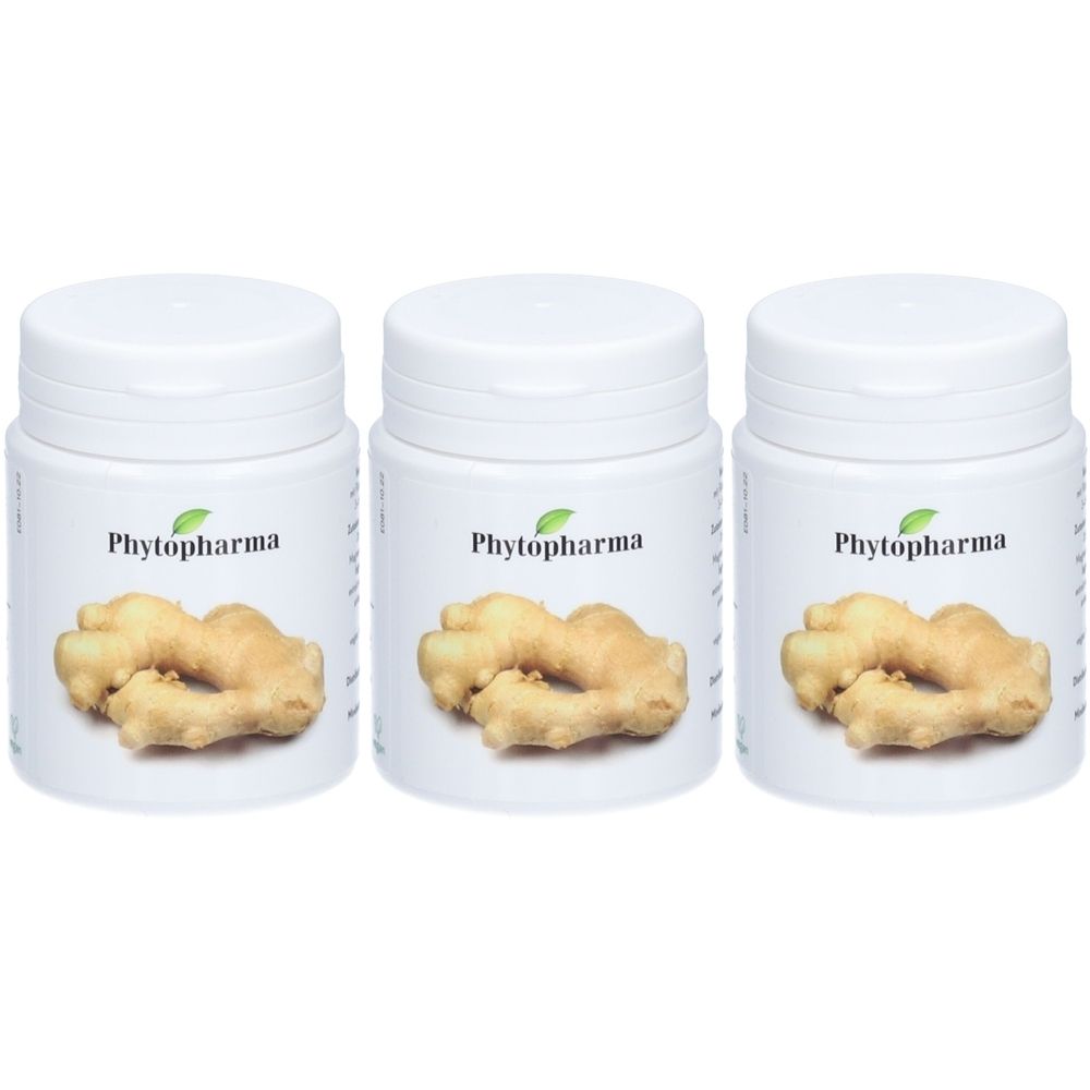 Trois pots blancs avec couvercles. Chaque pot porte le logo Phytopharma et une image de gingembre.
