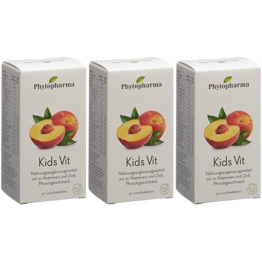 Drei Schachteln PHYTOPHARMA Kinder Vit. Auf jeder Schachtel ist ein Pfirsich abgebildet. Text: Kids Vit, Nahrungsergänzungsmittel mit Vitaminen und Zink.