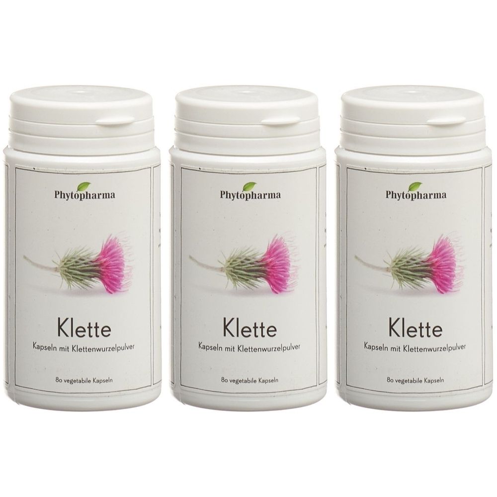 Trois flacons blancs avec couvercles. Inscription : Phytopharma, Klette, Kapseln mit Klettenwurzelpulver. Illustration d'une fleur de chardon.