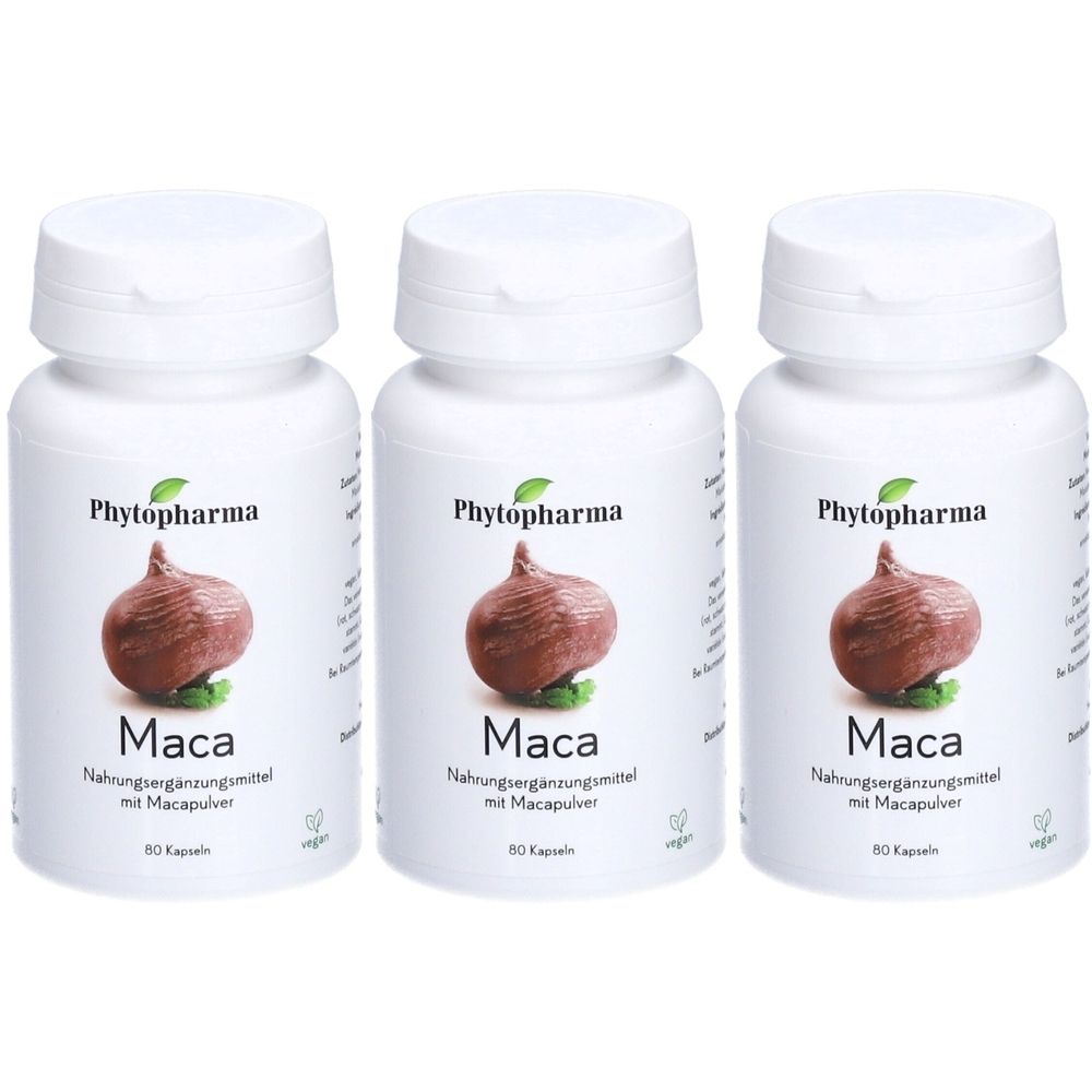 Drei weiße Flaschen mit Kapseln. Auf jeder Flasche ist das Logo von Phytopharma, ein Bild von Maca und der Schriftzug "Maca".