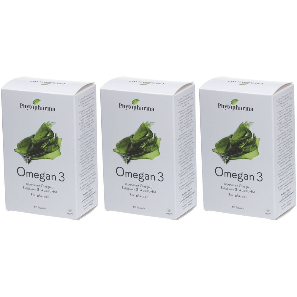 Drei weiße Schachteln mit dem Produktnamen Omegan 3. Auf jeder Schachtel ist ein grünes Bild und der Markenname Phytopharma.