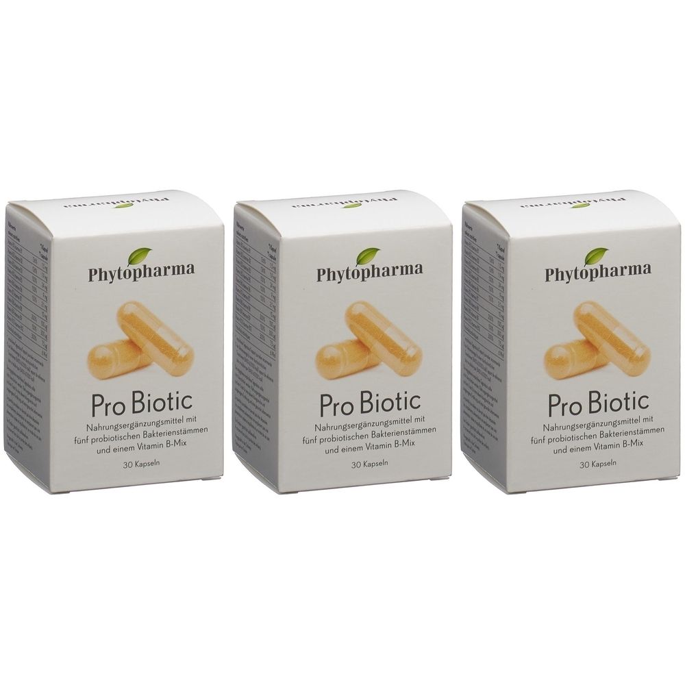 Drei Schachteln mit Kapseln. Auf jeder Schachtel steht "Phytopharma Pro Biotic". Die Kapseln sind hellbraun und liegen vor den Schachteln.