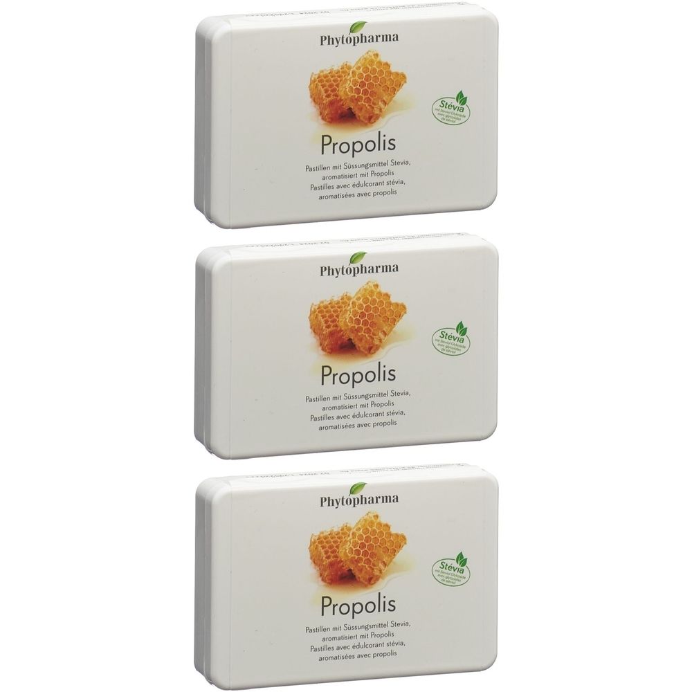 Drei weiße Schachteln mit Propolis-Aufdruck und Honigwaben-Illustration. Stevia-Logo rechts.