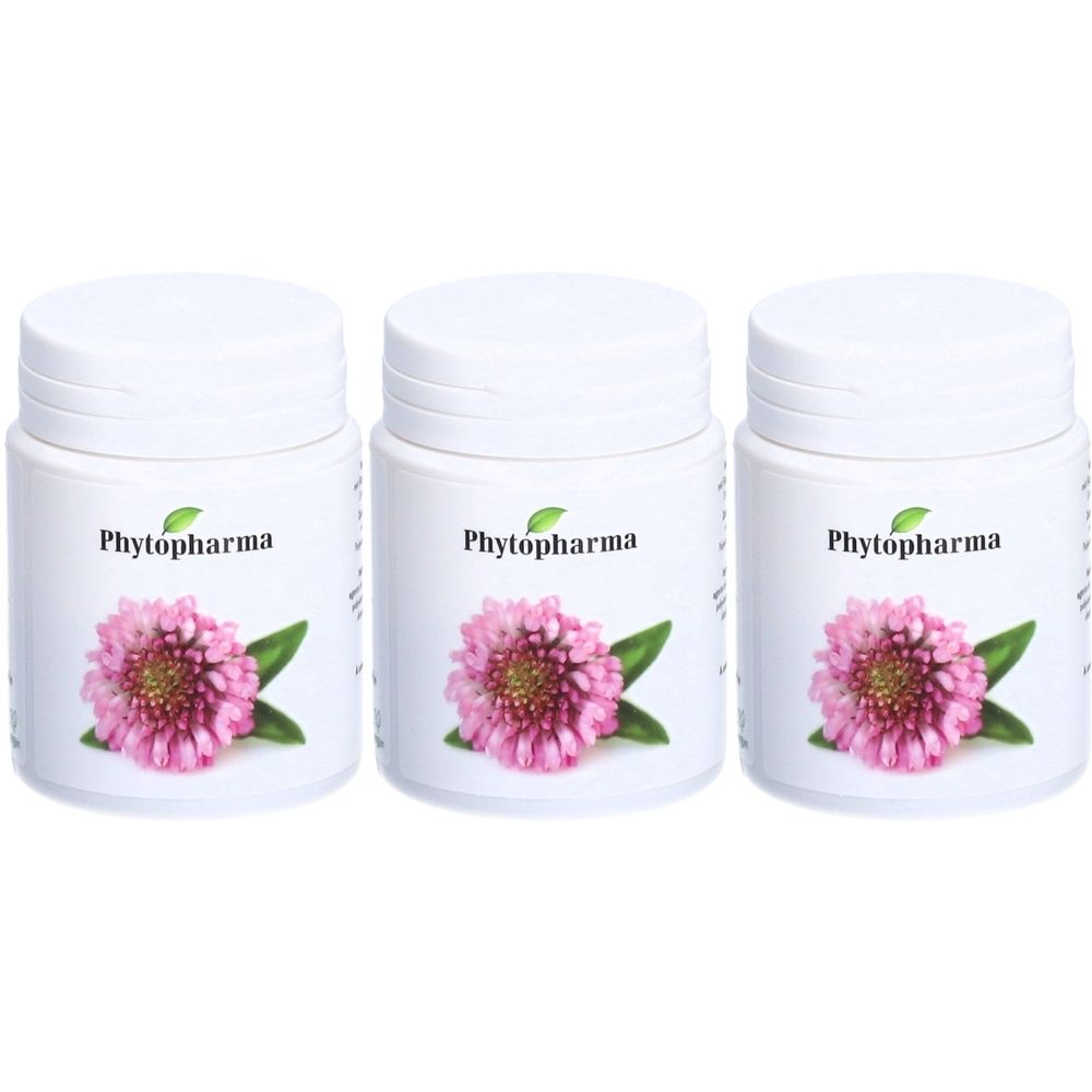 Drei weiße Pillendosen mit Deckel. Auf jeder Dose ist ein rosa Klee-Blüten-Bild und der Schriftzug "Phytopharma" abgebildet.