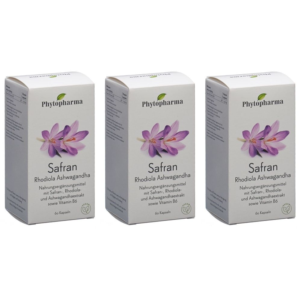 Drei Schachteln PHYTOPHARMA Safran. Auf jeder Schachtel: Produktname, lila Blüte, Logo und Text. Nahrungsergänzungsmittel mit Safran, Rhodiola und Ashwagandha.