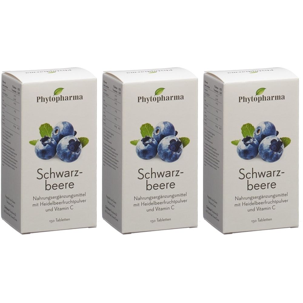 Drei weiße Schachteln mit dem Logo von Phytopharma und dem Schriftzug "Schwarzbeere". Auf jeder Schachtel ist eine Abbildung von Blaubeeren.