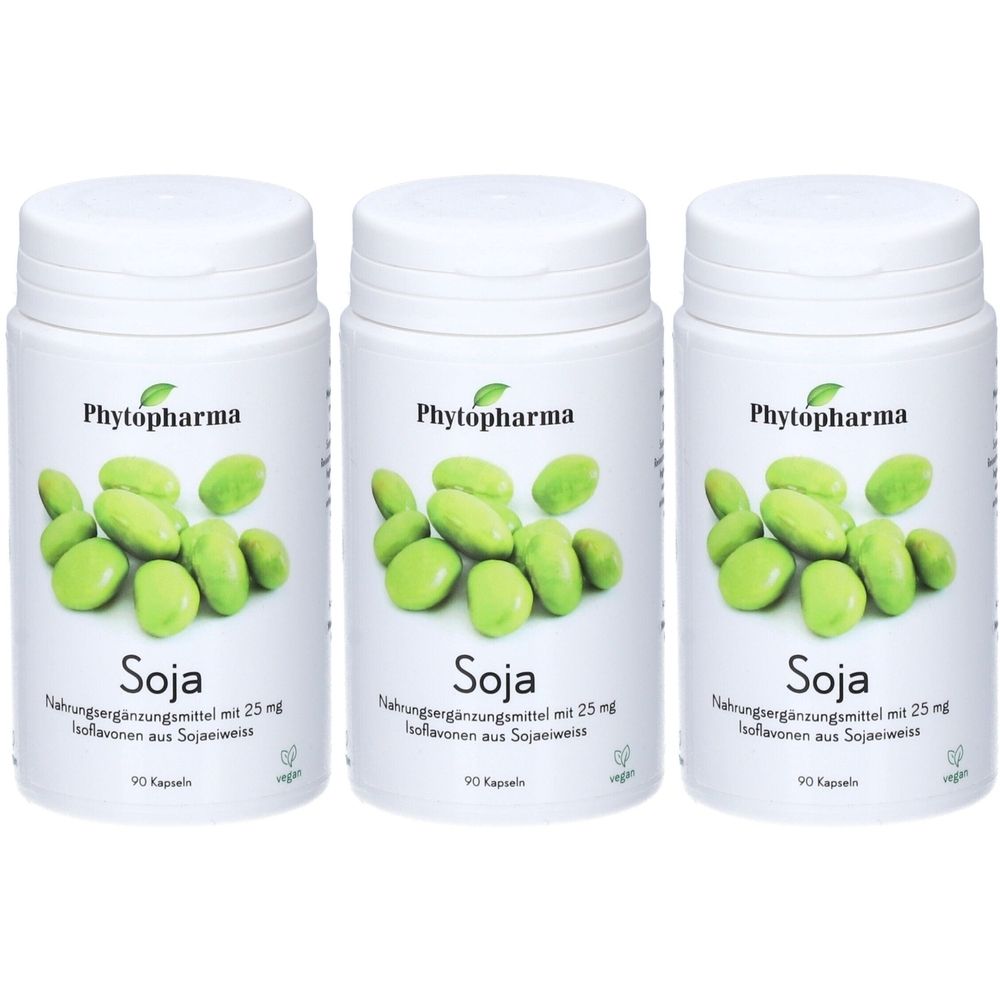 Drei weiße Flaschen mit dem Produktnamen Soja. Auf jeder Flasche ist das Logo von Phytopharma und eine Abbildung von Sojabohnen zu sehen.