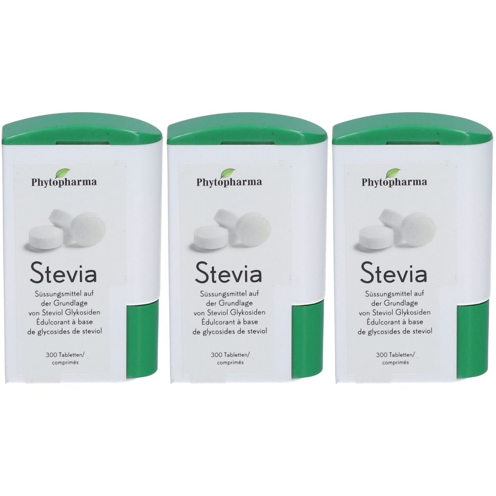 Drei weiße Behälter mit grünem Deckel. Auf jedem steht "Phytopharma Stevia". Darunter Text in Deutsch und Französisch. 300 Tabletten.