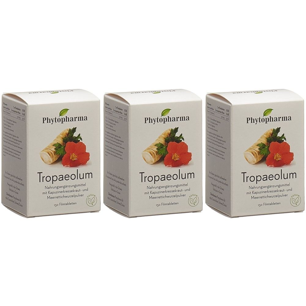Trois boîtes blanches avec illustration et texte Tropaeolum. Marque : Phytopharma. Logo floral.