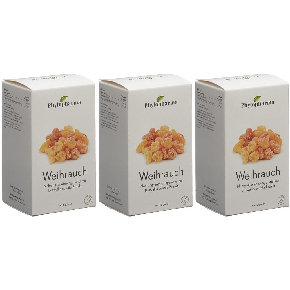 Drei Schachteln mit "Weihrauch"-Nahrungsergänzungsmittel. Auf jeder Schachtel ist das Logo von Phytopharma abgebildet.