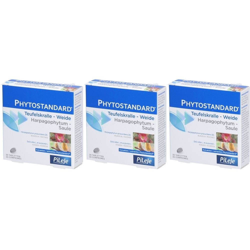 Trois boîtes blanches avec l'inscription PHYTOSTANDARD. Texte : Teufelskralle-Weide Harpagophytum-Saule. Marque Pileje. 30 comprimés sont représentés sur chaque boîte.