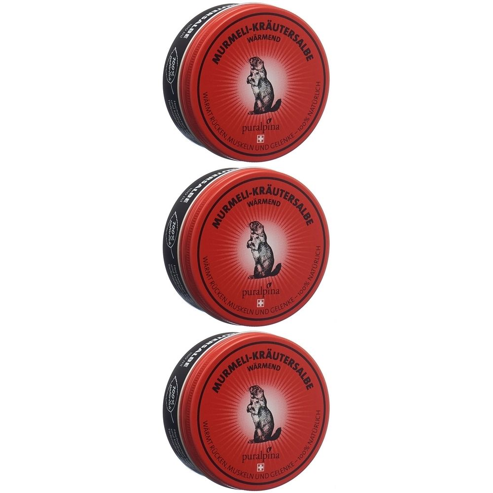 Trois boîtes rondes rouges avec un bord noir. Un marmotte est représentée sur le couvercle, avec du texte en dessous.
