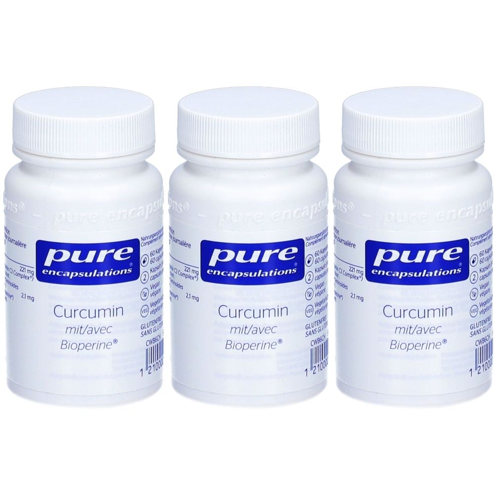 Drei weiße Flaschen mit Schraubverschluss. Auf dem Etikett steht "pure encapsulations Curcumin mit/avec Bioperine".