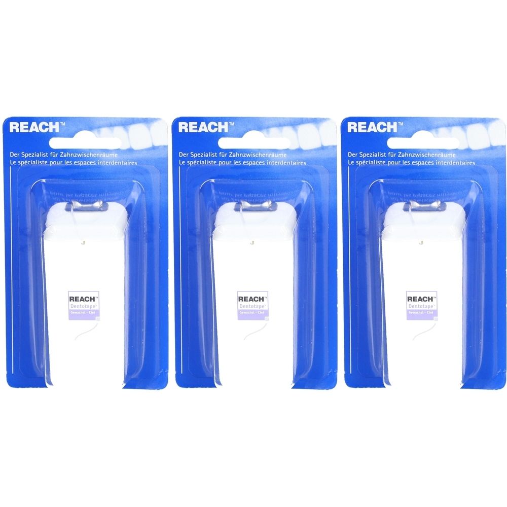 Drei Packungen Zahnseide in Blisterverpackung. Marke REACH, weißes Gehäuse, blaue Verpackung.