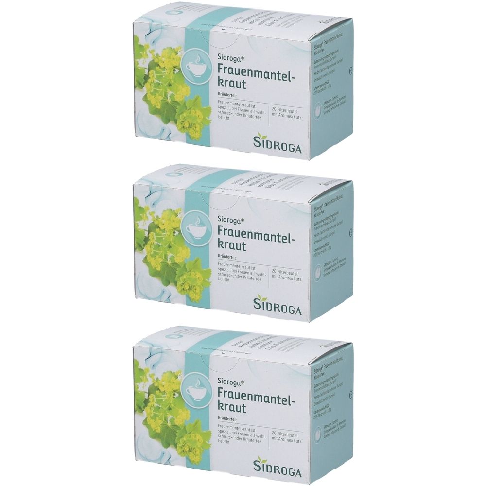 Drei Schachteln mit Sidroga Frauenmantelkraut. Weiße Verpackung mit blau-grünen Akzenten und Produktinformationen. SIDROGA Logo unten.