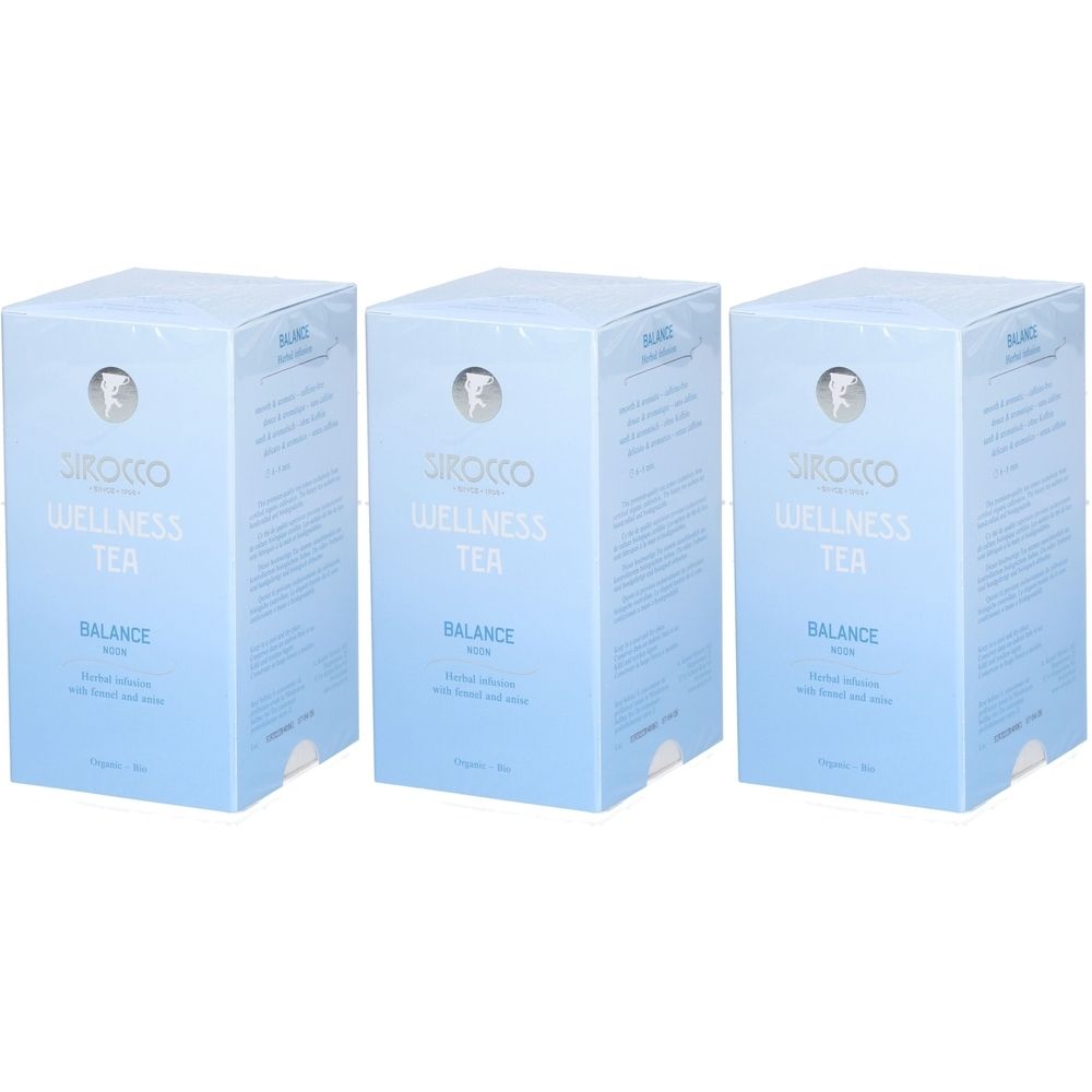 Drei hellblaue Kartons mit "Sirocco Wellness Tea Balance"-Aufdruck. Logo mit Figur. Text auf den Seiten.