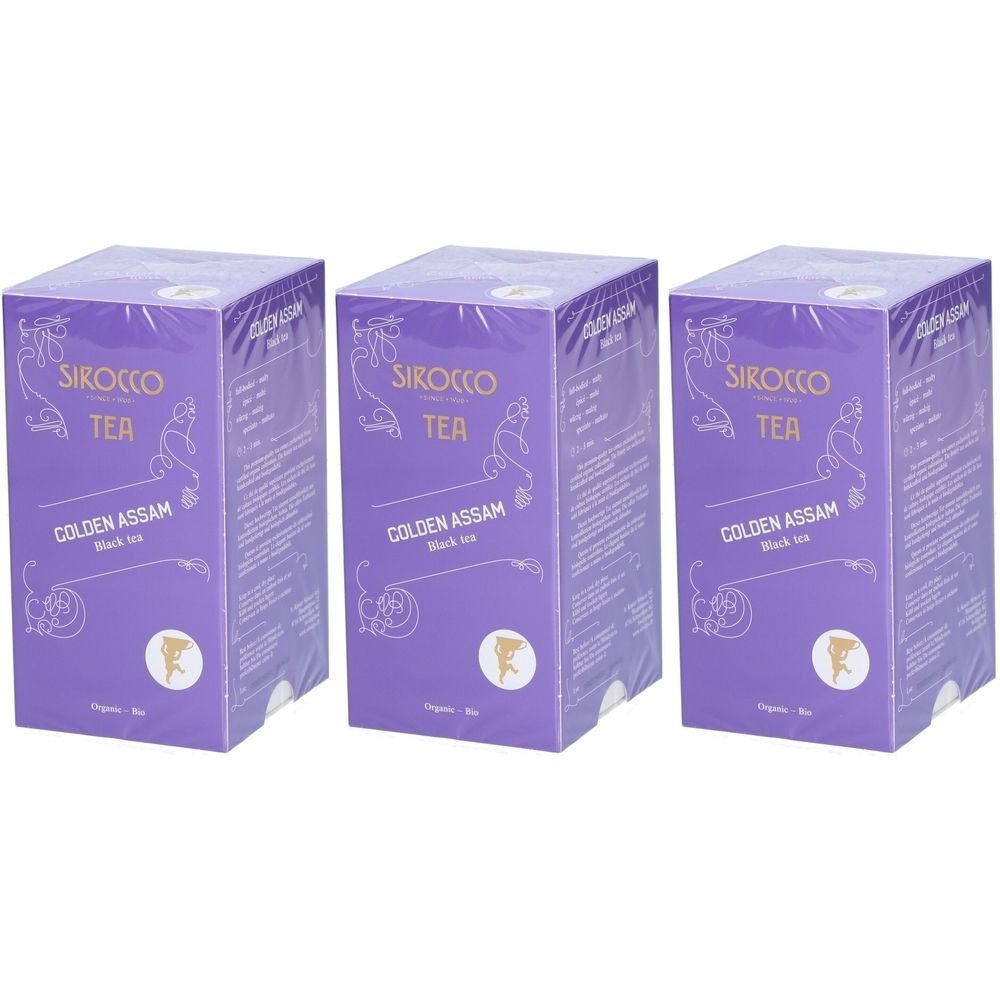 Drei lila Schachteln mit "Sirocco Tea Golden Assam". Aufschrift "Black tea".