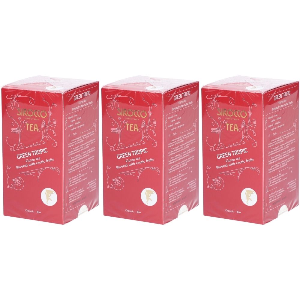 Drei rote Kartons mit „Sirocco Tea Green Tropic“. Text und Logo in Weiß. Verpackt in Folie.