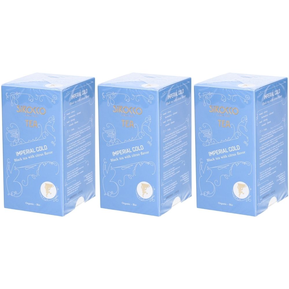 Drei blaue Kartons mit Aufdruck. Aufschrift: Sirocco Tea, Imperial Gold, Schwarzer Tee mit Zitrusgeschmack. Logo mit Elefant.