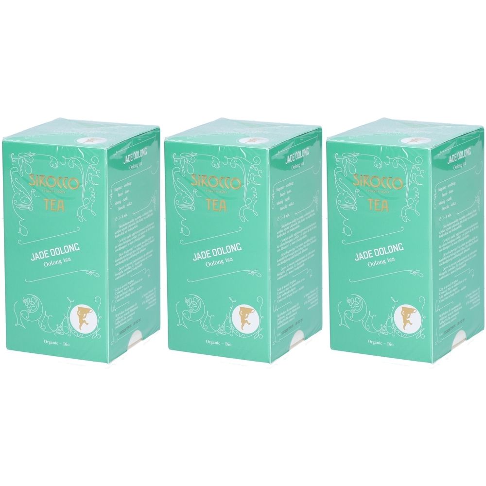 Drei grüne Kartons. Aufschrift: Sirocco Tea, Jade Oolong. Logo mit Figur. Verpackung mit floralen Elementen.