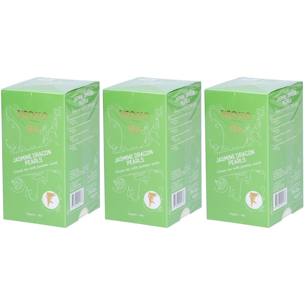 Drei grüne Kartons mit Aufschrift "Jasmine Dragon Pearls". Goldene Schrift und Logo. Verpackung für Tee.