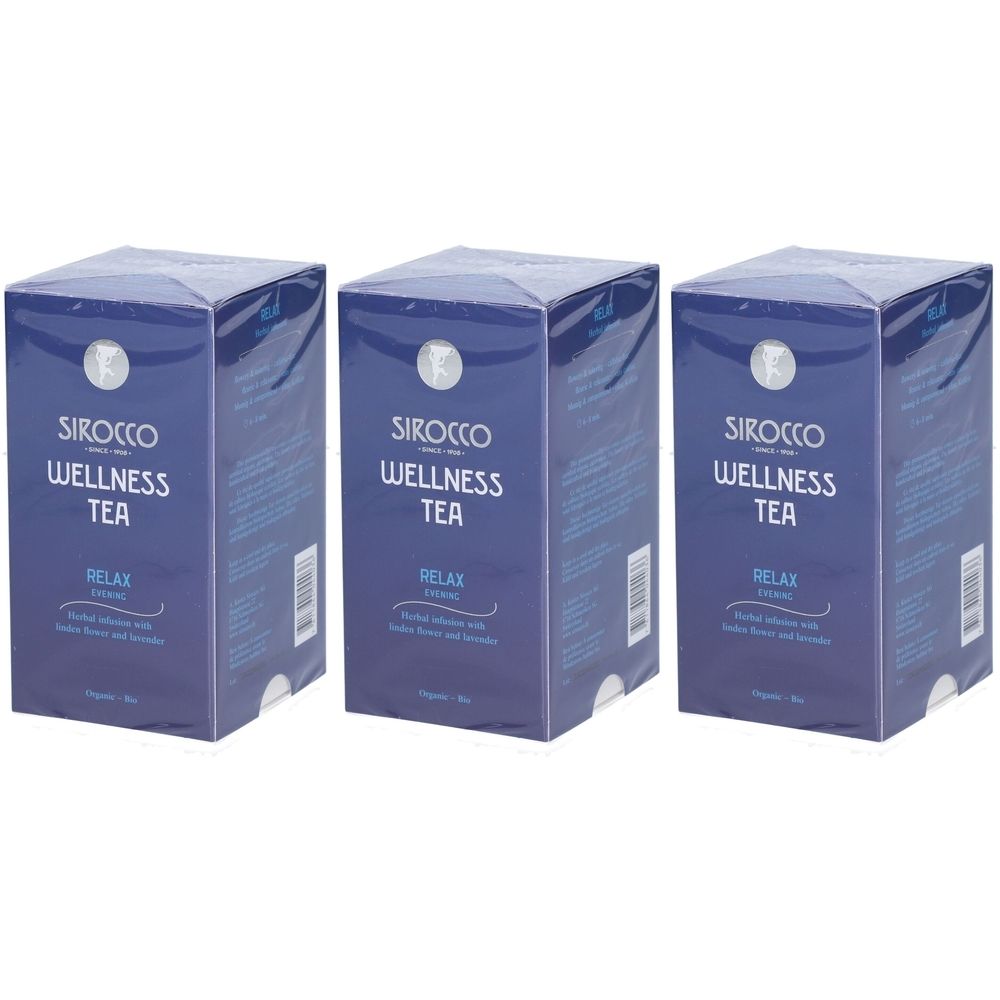 Drei blaue Kartons mit "Sirocco Wellness Tea". Aufschrift "Relax" und Logo. Bio-Zertifizierung.
