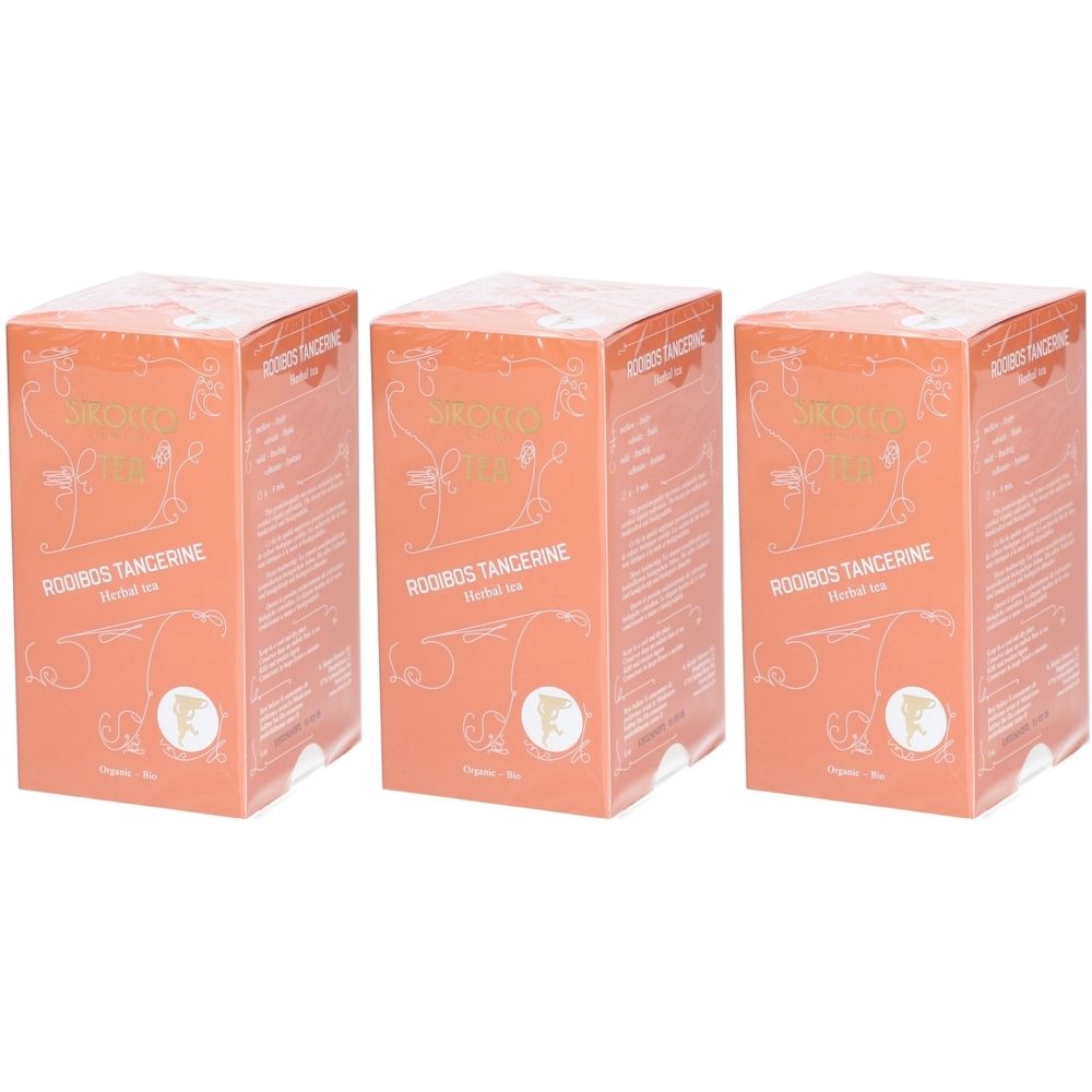 Drei orangefarbene Kartons. Aufschrift: Sirocco Rooibos Tangerine. Floral-Dekor und Logo. Kräutertee.