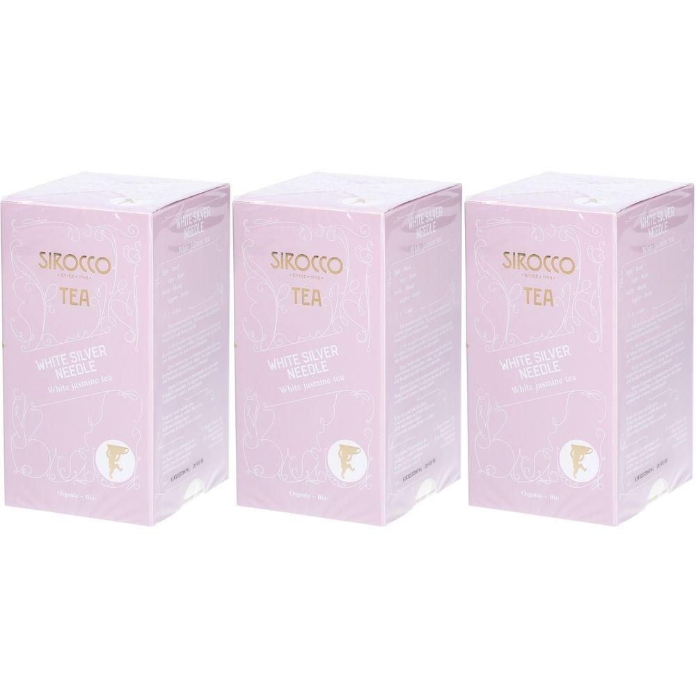 Drei rechteckige, rosa Schachteln. Aufschrift: Sirocco Tea, White Silver Needle. Logo unten. Verpackung.