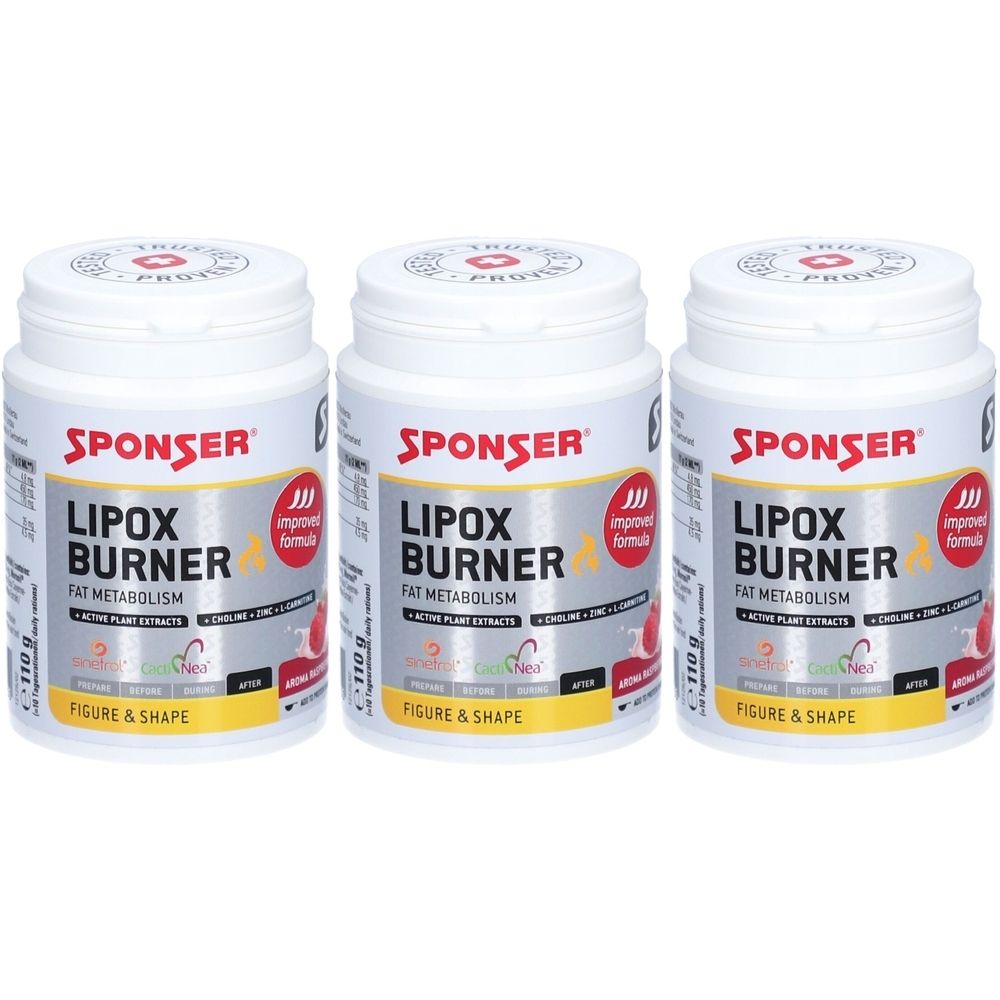 Drei weiße Dosen mit roter und gelber Beschriftung. Aufschrift: SPONSER LIPOX BURNER, Fat Metabolism, Figure & Shape.