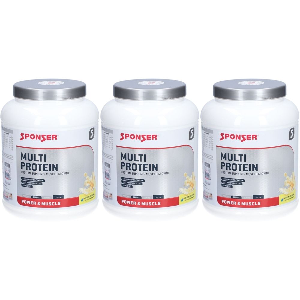 Trois pots blancs avec couvercles argentés. Inscription "SPONSER MULTI PROTEIN".